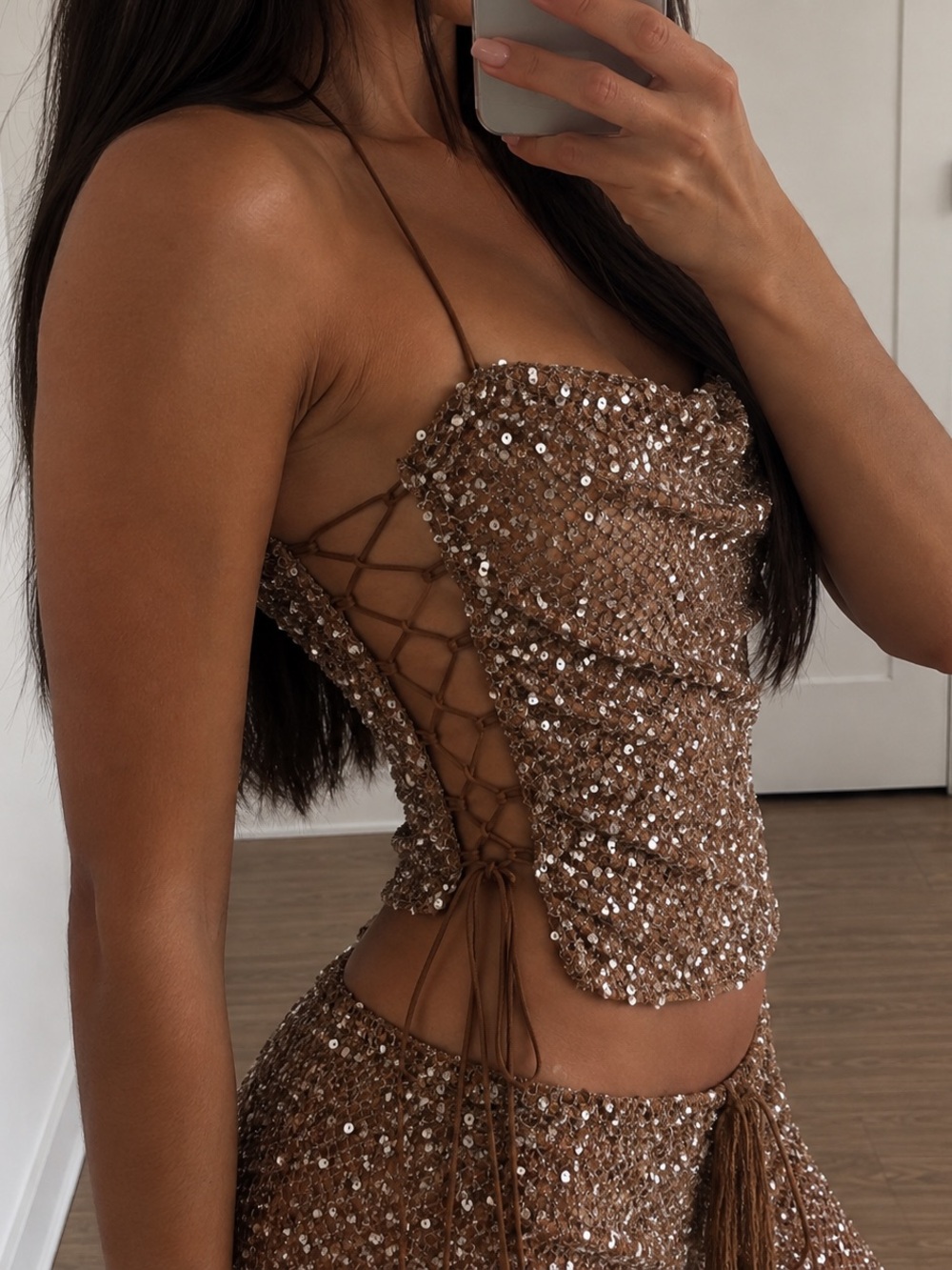 Jaded London Deva Sequin Knit Corset Top in Brown - Picture 2 of 6